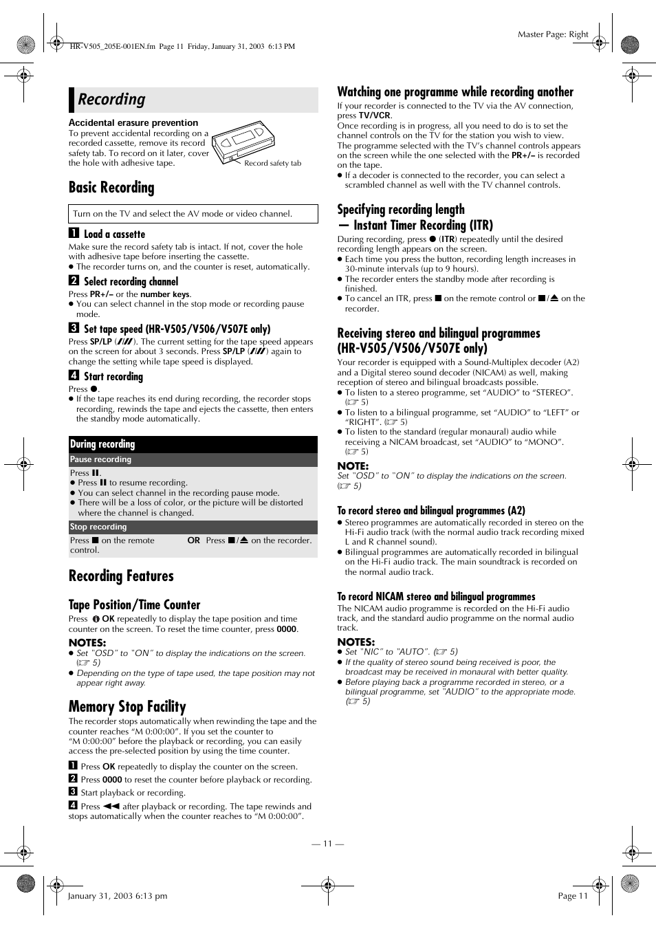 Recording, Basic recording, Recording features | Tape position/time counter, Watching one programme while recording another | JVC 0203-AH-CR-LG User Manual | Page 11 / 16