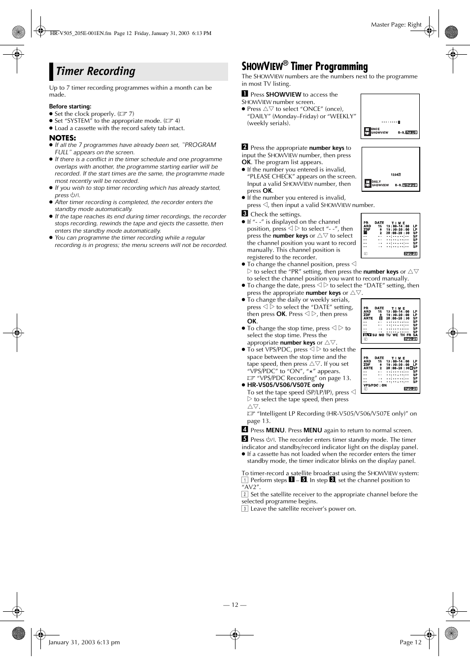 Timer recording, Timer programming | JVC 0203-AH-CR-LG User Manual | Page 12 / 16