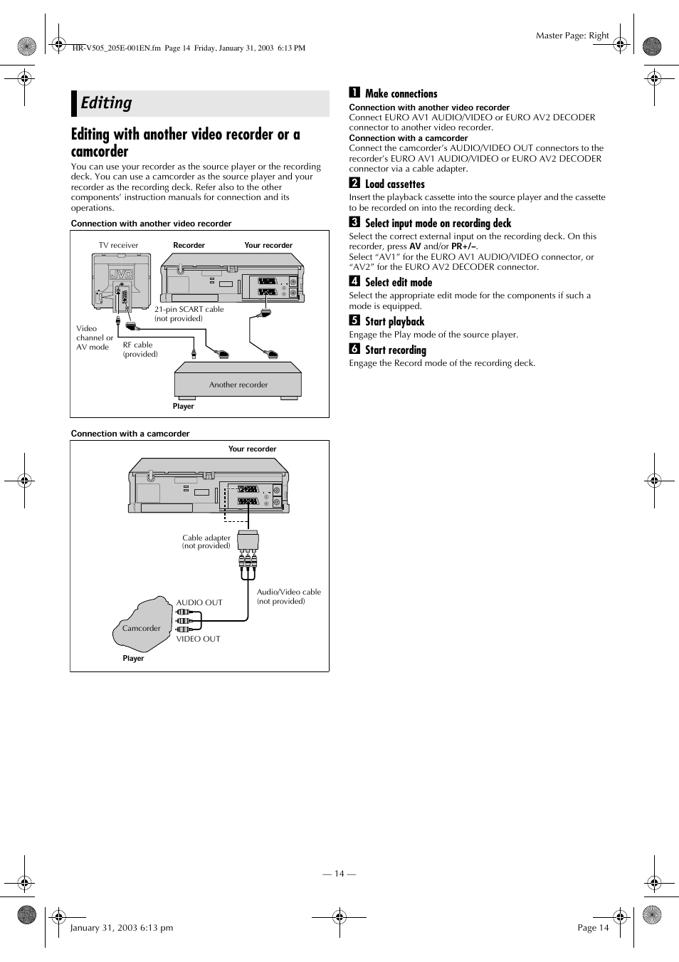 Editing, Editing with another video recorder or a camcorder | JVC 0203-AH-CR-LG User Manual | Page 14 / 16