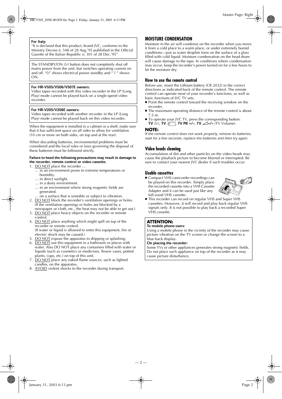 Moisture condensation, How to use the remote control, Video heads cleaning | Usable cassettes | JVC 0203-AH-CR-LG User Manual | Page 2 / 16