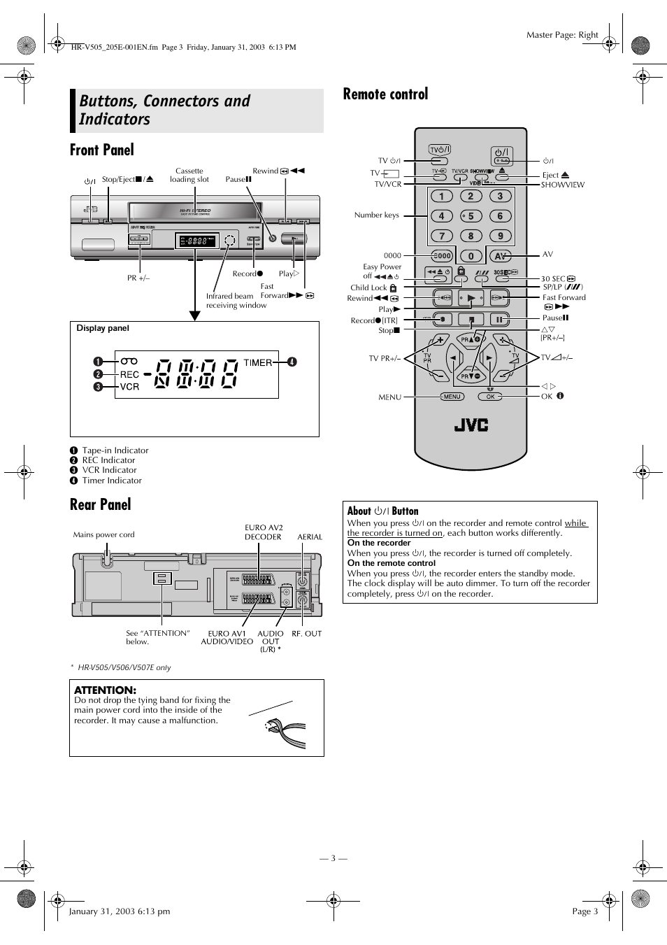 Buttons, connectors and indicators, Front panel, Rear panel | Remote control | JVC 0203-AH-CR-LG User Manual | Page 3 / 16