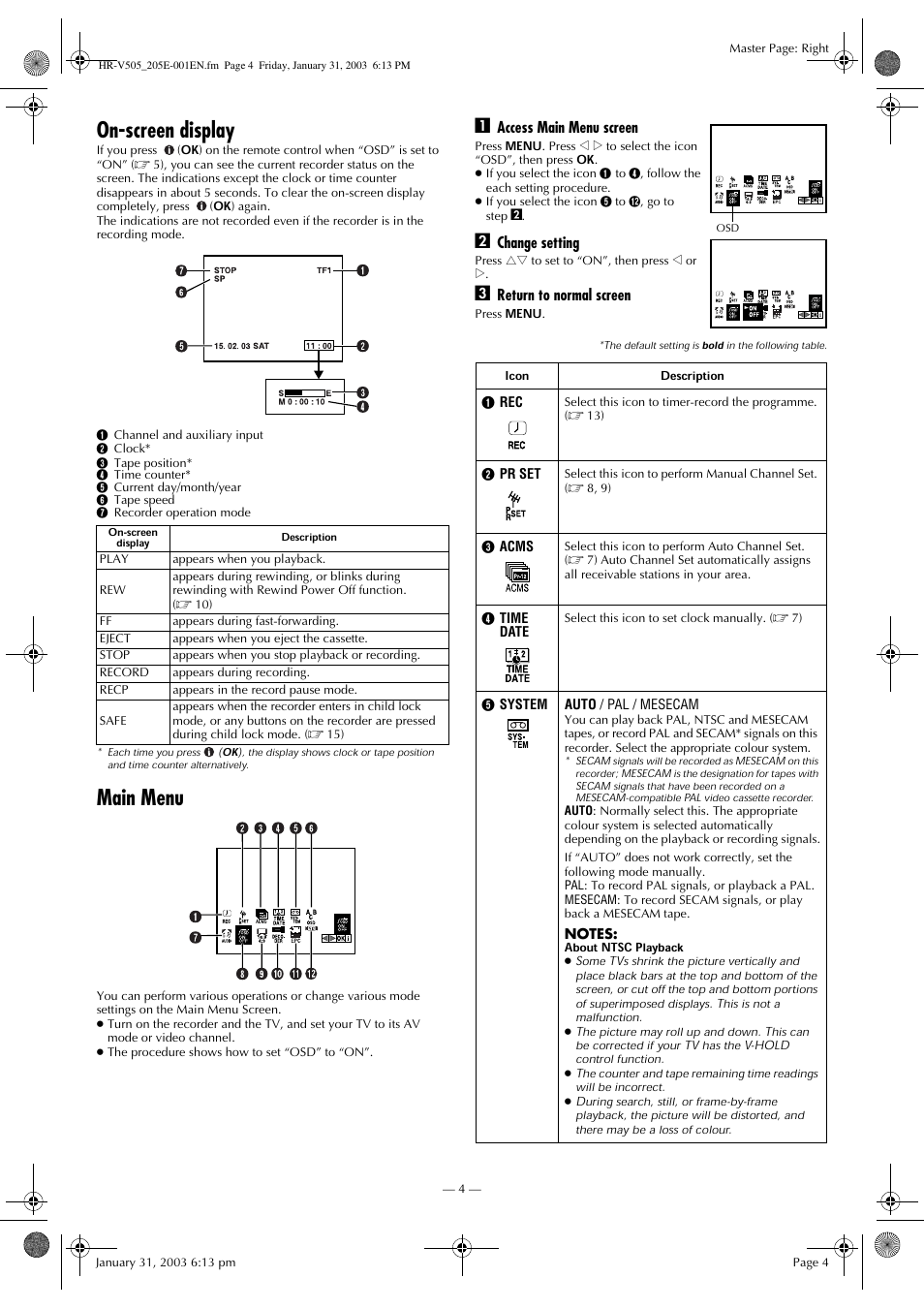 On-screen display, Main menu | JVC 0203-AH-CR-LG User Manual | Page 4 / 16