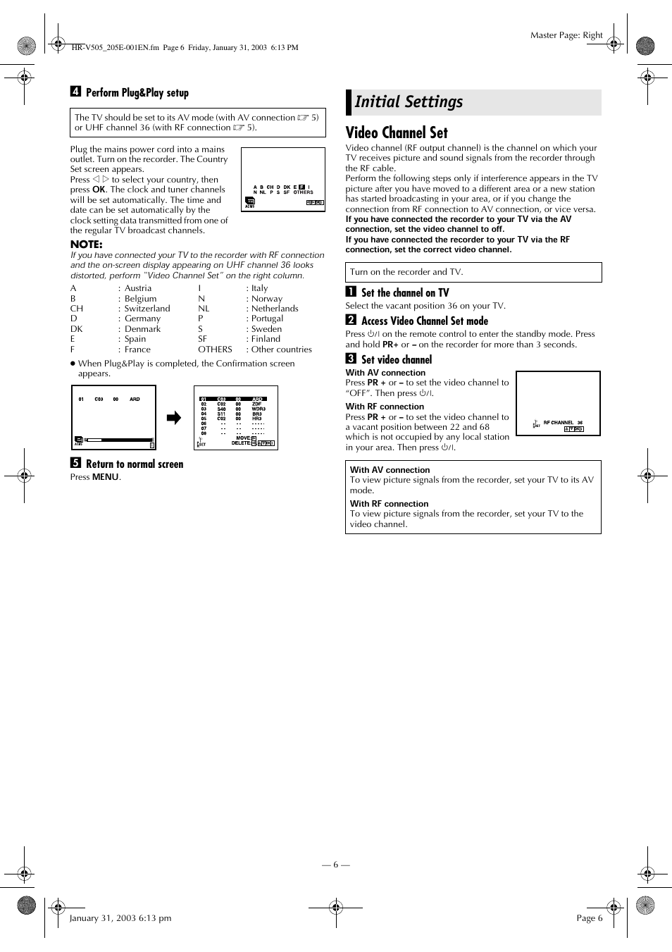 Initial settings, Video channel set | JVC 0203-AH-CR-LG User Manual | Page 6 / 16