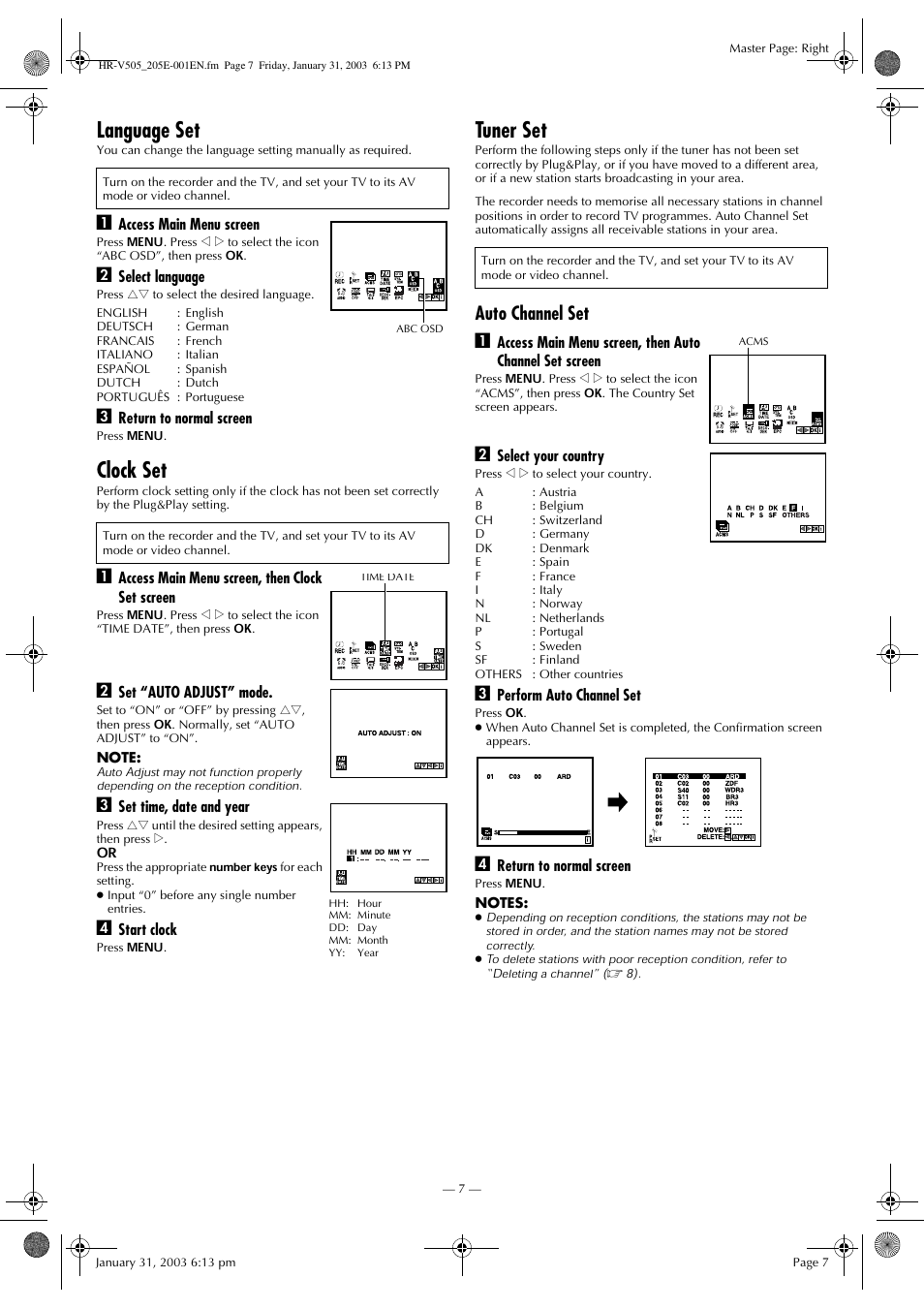 Language set, Clock set, Tuner set | Auto channel set a | JVC 0203-AH-CR-LG User Manual | Page 7 / 16