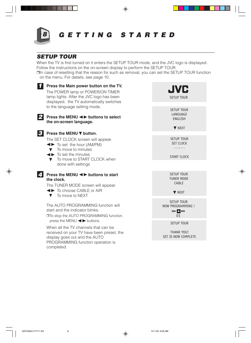 Setup tour | JVC AV-14FT11 User Manual | Page 8 / 20