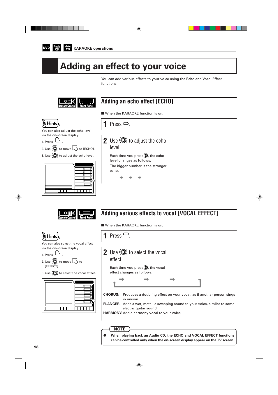 Adding an effect to your voice, Adding various effects to vocal [vocal effect, Adding an echo effect [echo | Press, Use to select the vocal effect, Use to adjust the echo level, 98 karaoke operations | JVC XV-D705GD User Manual | Page 100 / 113