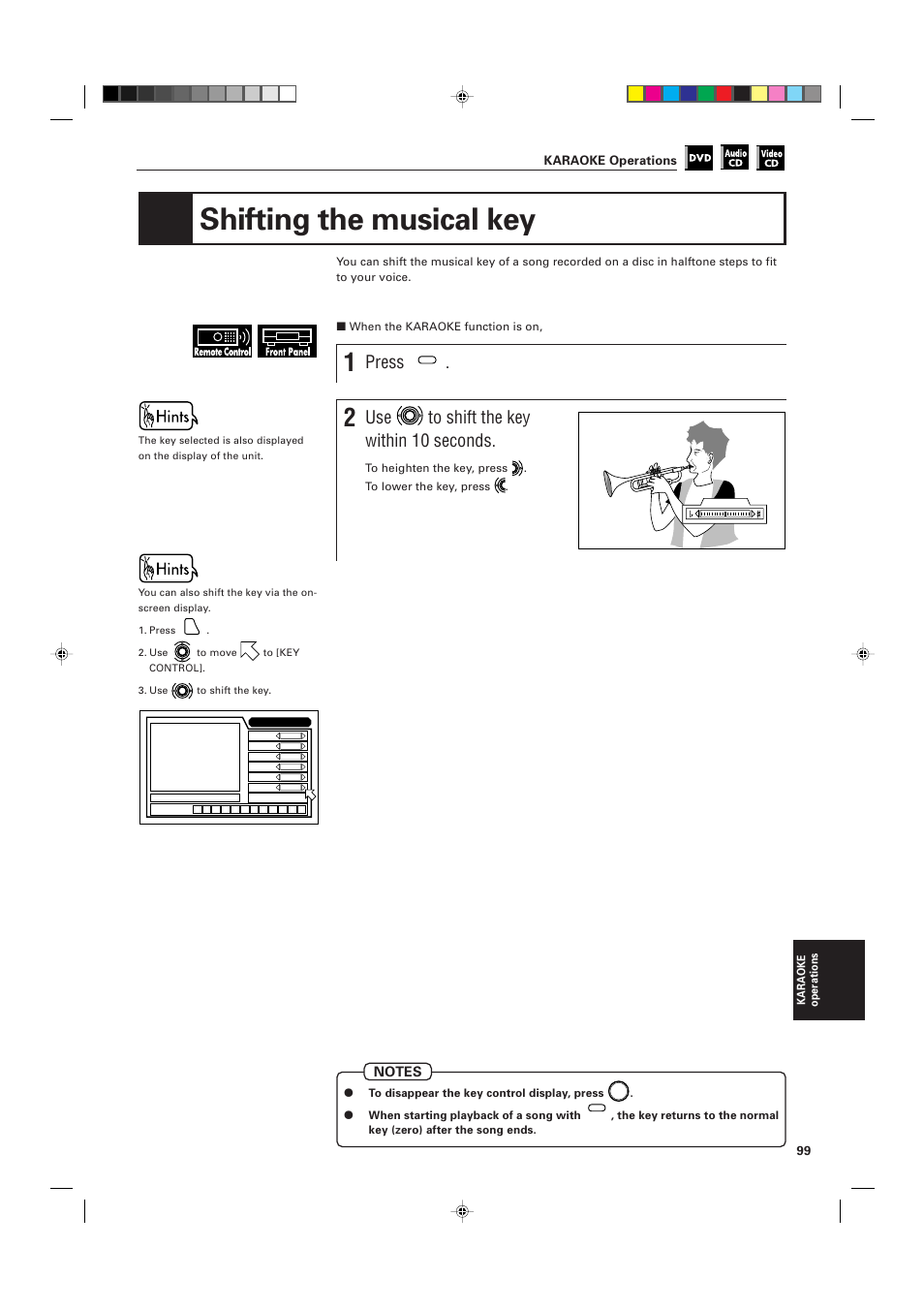 Shifting the musical key, Press, Use to shift the key within 10 seconds | Karaoke operations | JVC XV-D705GD User Manual | Page 101 / 113