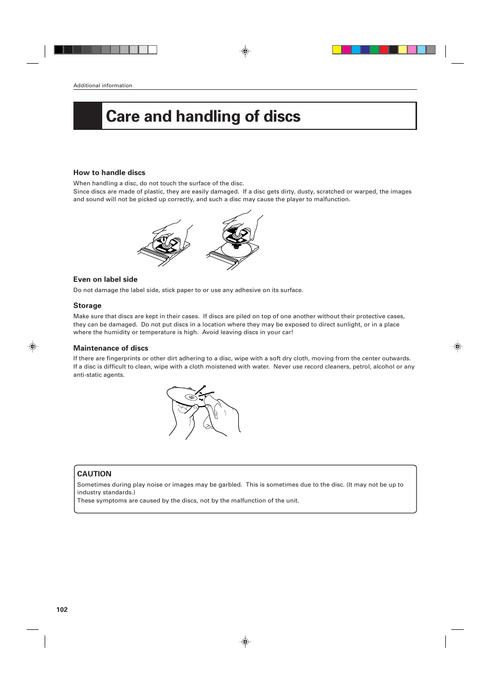 Care and handling of discs | JVC XV-D705GD User Manual | Page 104 / 113