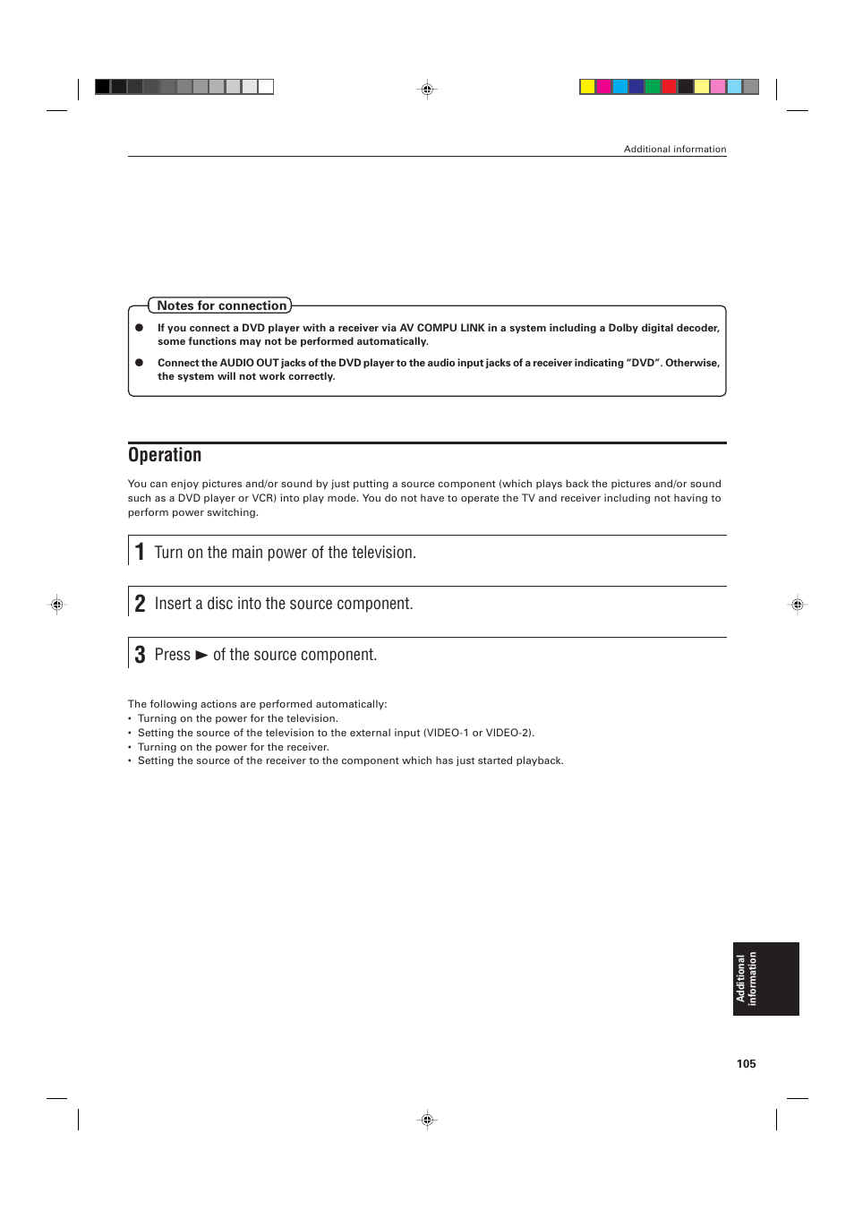 Operation, Turn on the main power of the television, Insert a disc into the source component | Press 3 of the source component | JVC XV-D705GD User Manual | Page 107 / 113