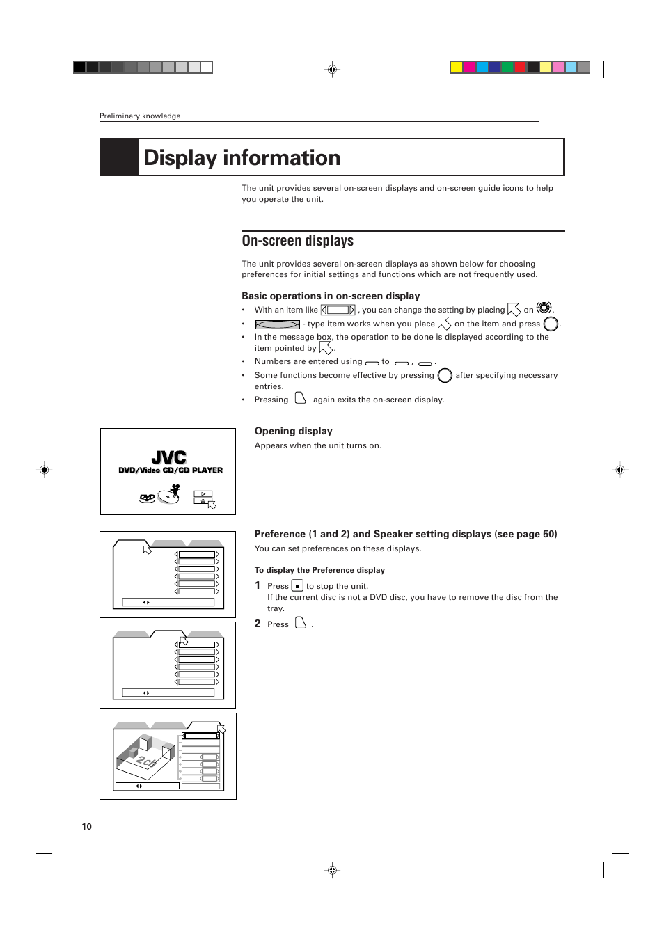 Display information, On-screen displays, Basic operations in on-screen display | Opening display | JVC XV-D705GD User Manual | Page 12 / 113
