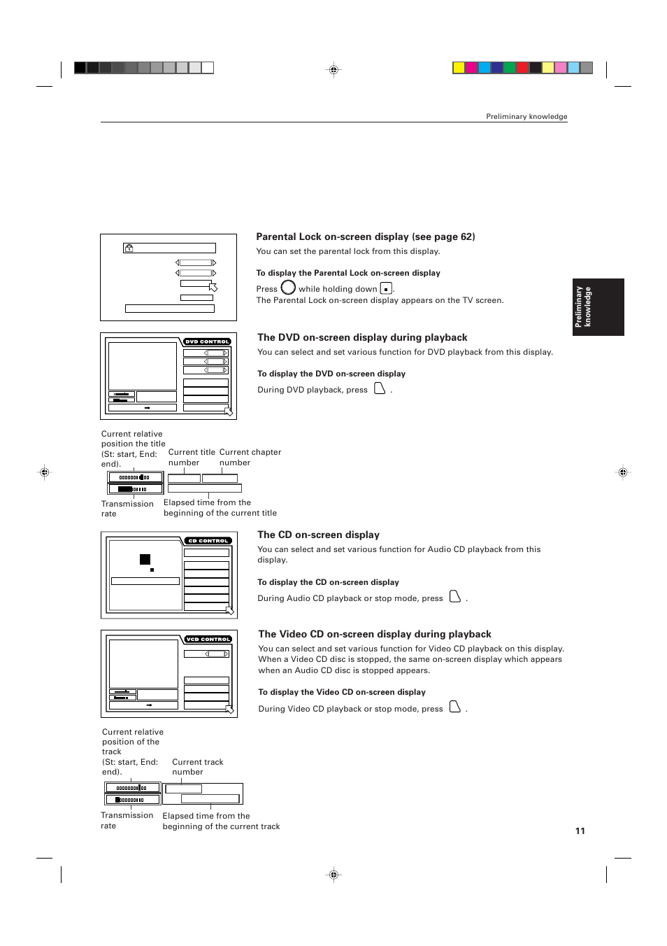The dvd on-screen display during playback, The cd on-screen display, The video cd on-screen display during playback | Parental lock on-screen display (see page 62), Preliminary knowledge, While holding down | JVC XV-D705GD User Manual | Page 13 / 113