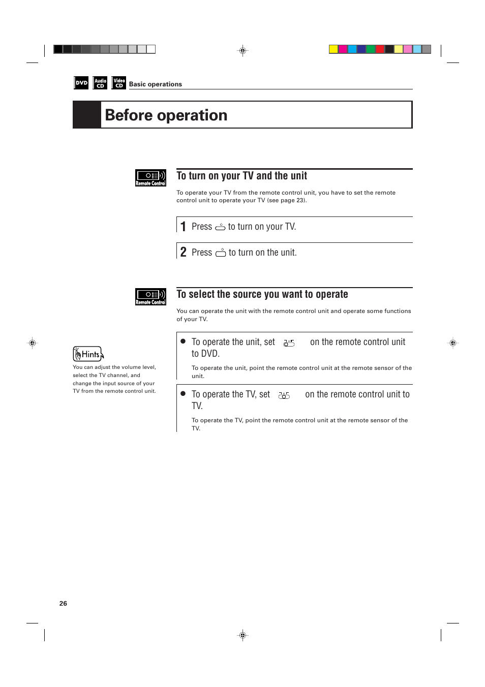 Before operation, Press, On the remote control unit to dvd | On the remote control unit to tv | JVC XV-D705GD User Manual | Page 28 / 113