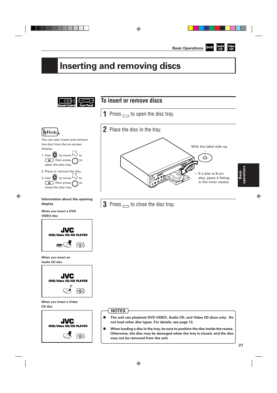 Inserting and removing discs, Press, Place the disc in the tray | JVC XV-D705GD User Manual | Page 29 / 113