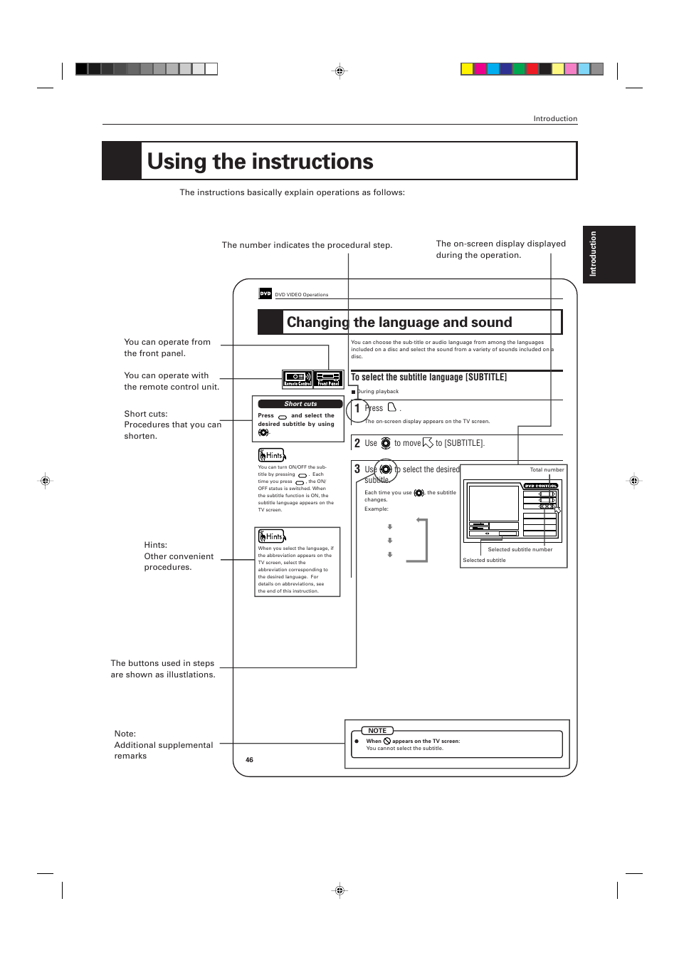 Using the instructions, Changing the language and sound, Introduction | Press, Use to move to [subtitle, Use to select the desired subtitle | JVC XV-D705GD User Manual | Page 3 / 113