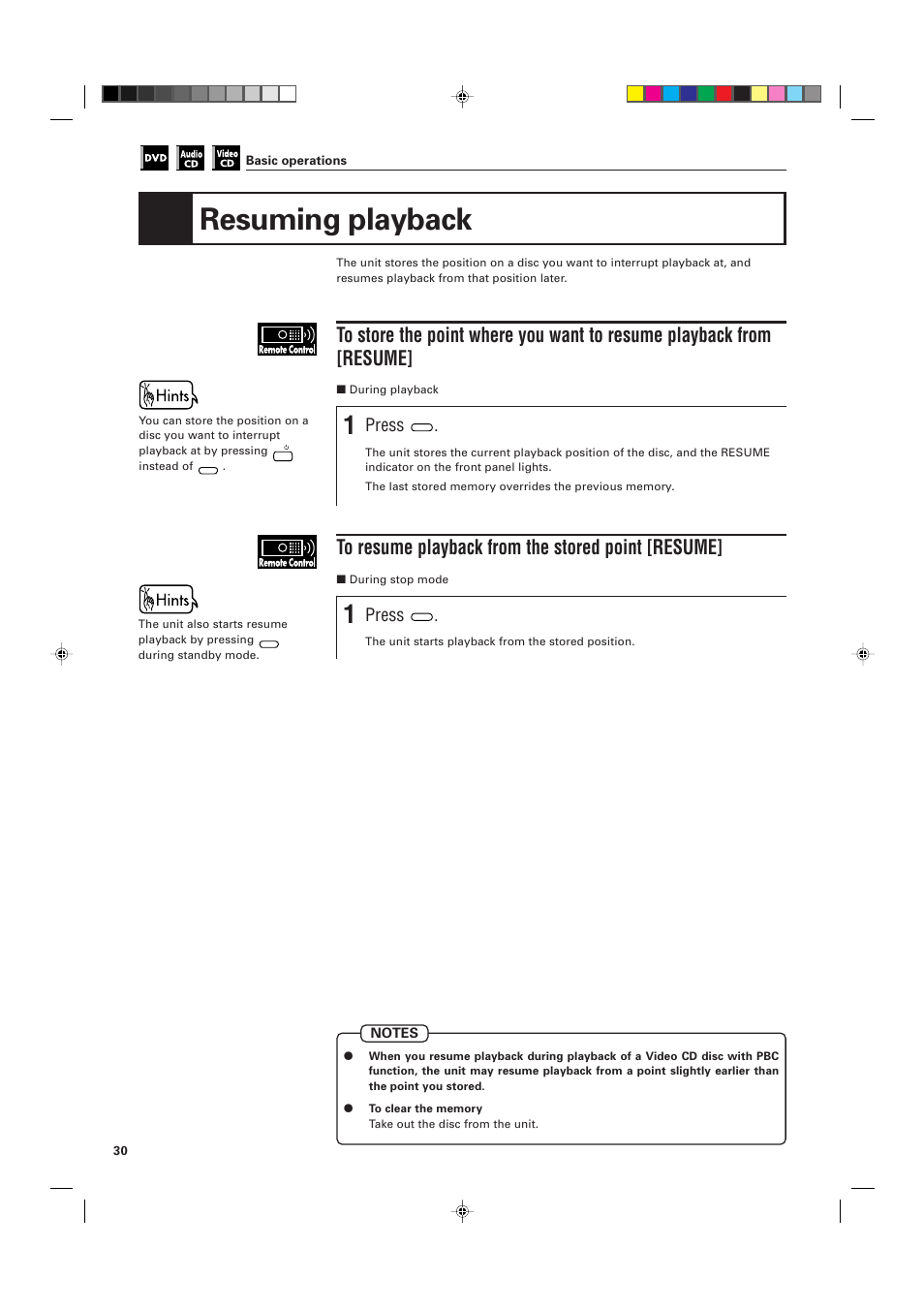 Resuming playback, Press | JVC XV-D705GD User Manual | Page 32 / 113