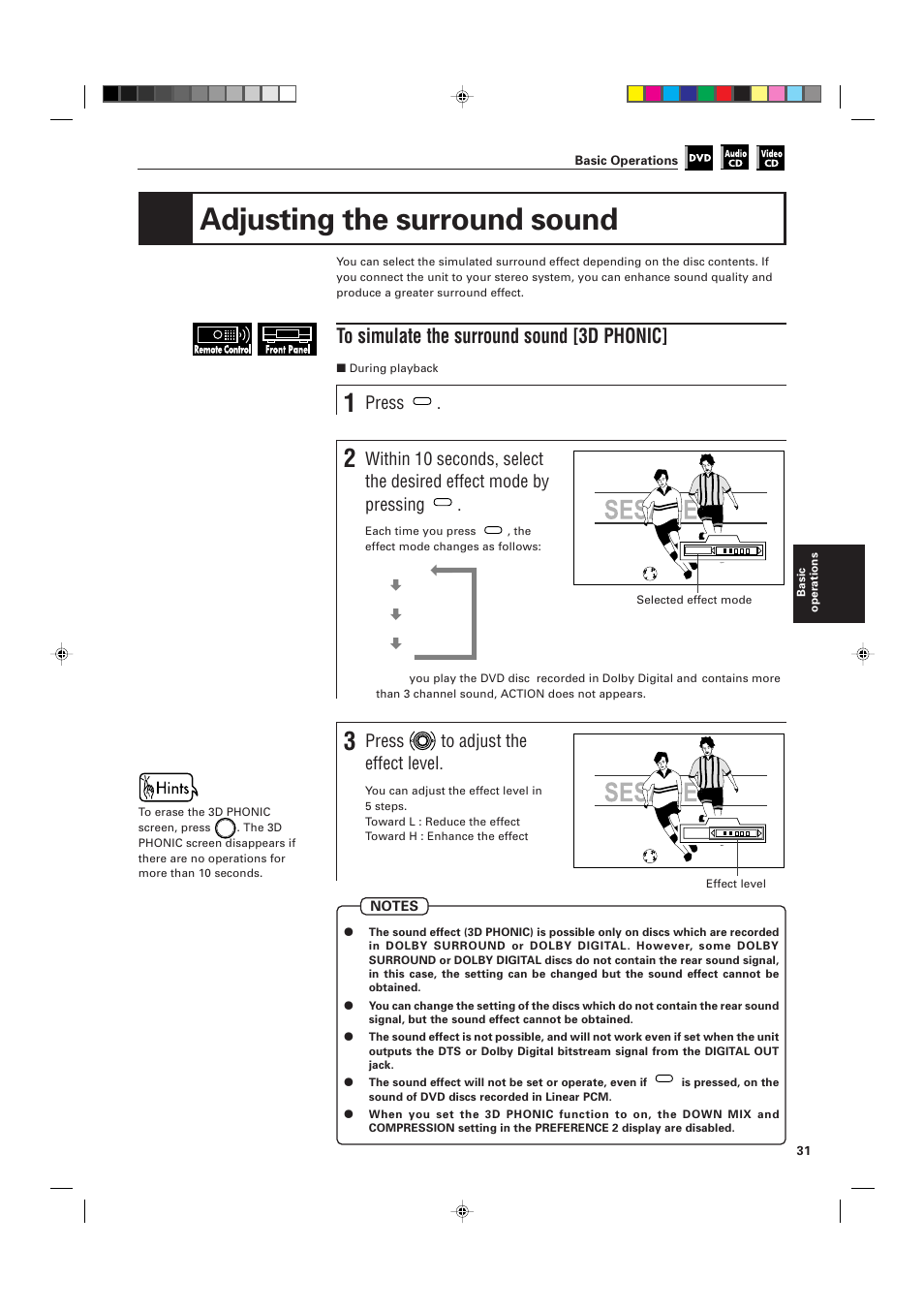 Adjusting the surround sound, Press, Press to adjust the effect level | JVC XV-D705GD User Manual | Page 33 / 113