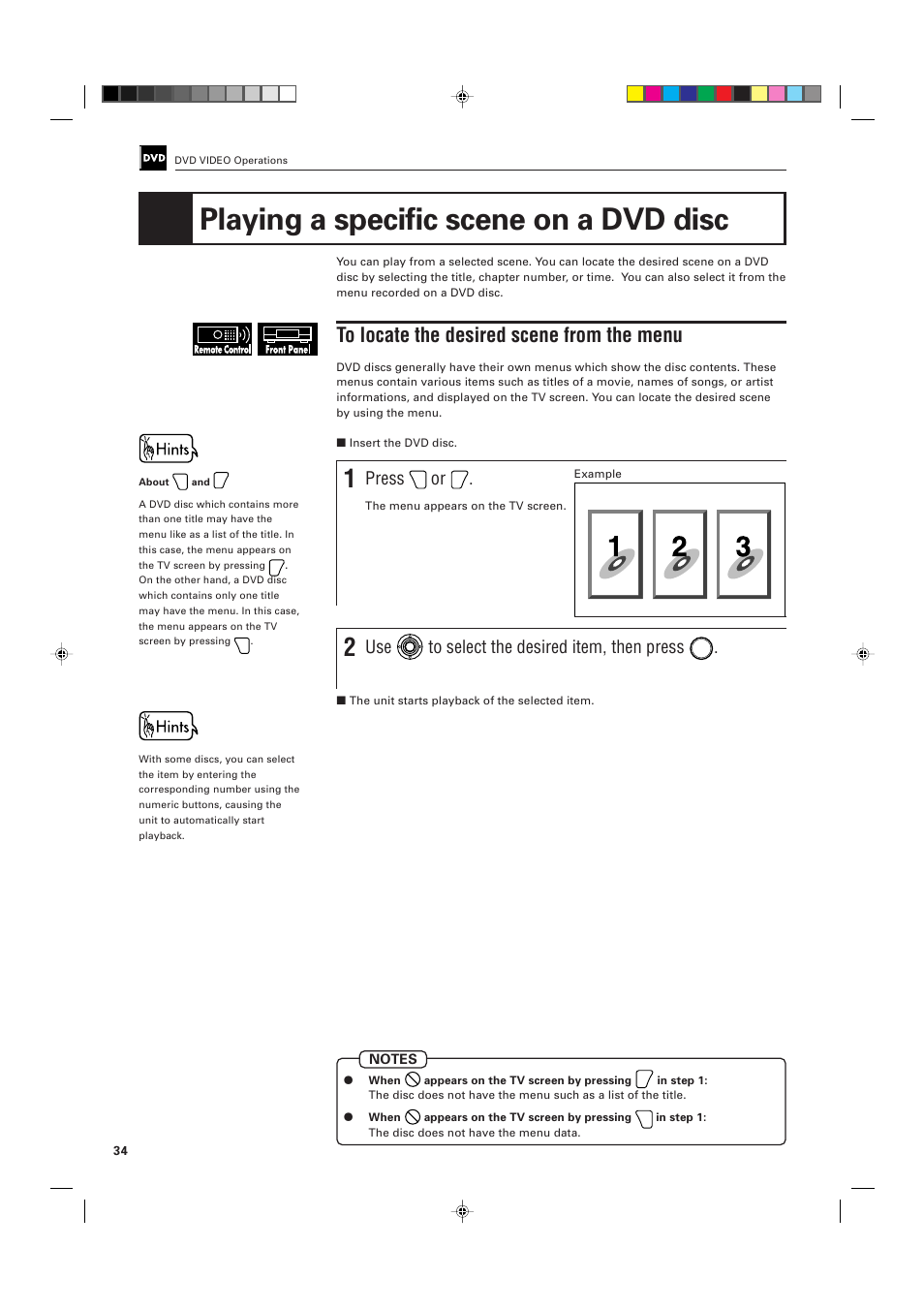Playing a specific scene on a dvd disc, Press, Use to select the desired item, then press | JVC XV-D705GD User Manual | Page 36 / 113