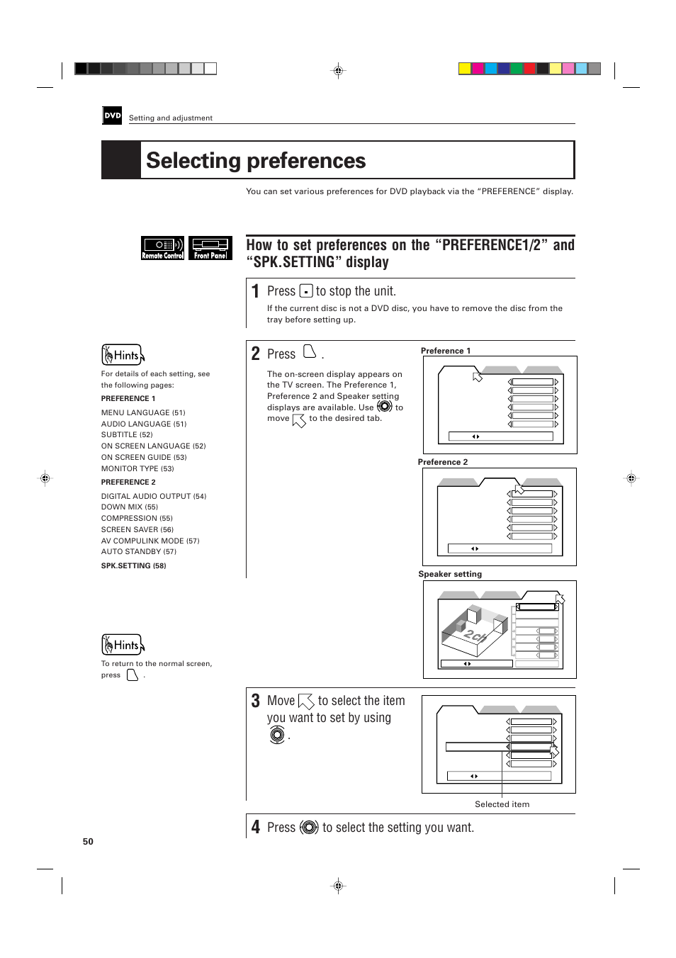 Selecting preferences, Press, Move to select the item you want to set by using | Press to select the setting you want | JVC XV-D705GD User Manual | Page 52 / 113