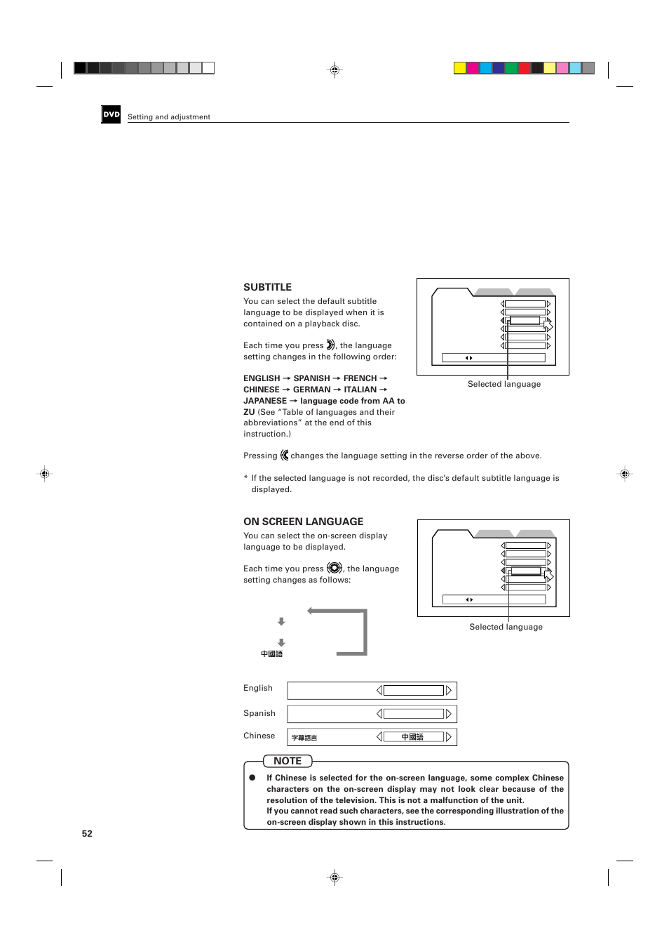 Subtitle, On screen language | JVC XV-D705GD User Manual | Page 54 / 113