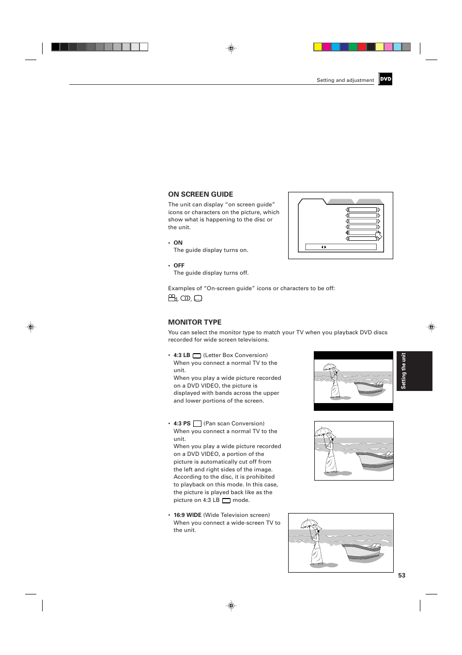On screen guide, Monitor type | JVC XV-D705GD User Manual | Page 55 / 113