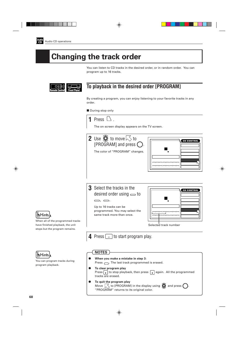 Changing the track order, Press, Use to move to [program] and press | Select the tracks in the desired order using | JVC XV-D705GD User Manual | Page 70 / 113