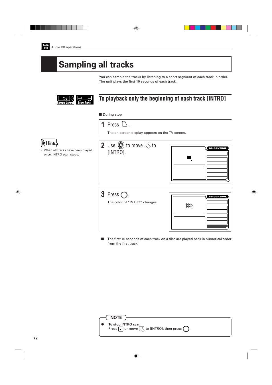 Sampling all tracks, Press, Use to move to [intro | JVC XV-D705GD User Manual | Page 74 / 113