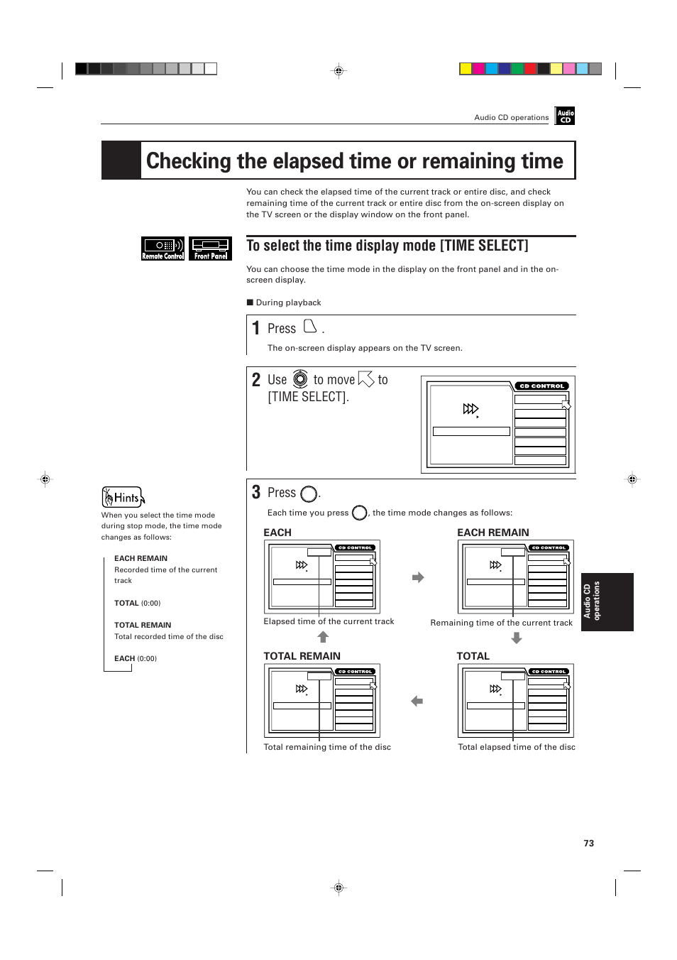 Checking the elapsed time or remaining time, Press, Use to move to [time select | Each, Each remain, Total remain, Total | JVC XV-D705GD User Manual | Page 75 / 113