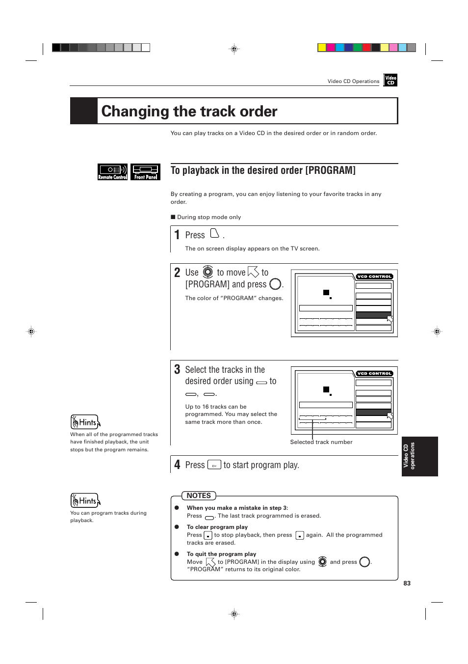 Changing the track order, Press, Use to move to [program] and press | Select the tracks in the desired order using | JVC XV-D705GD User Manual | Page 85 / 113
