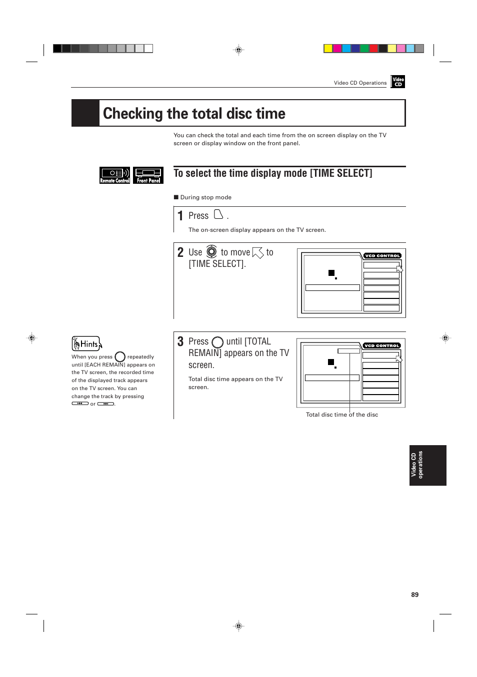 Checking the total disc time, Press, Use to move to [time select | Until [total remain] appears on the tv screen | JVC XV-D705GD User Manual | Page 91 / 113