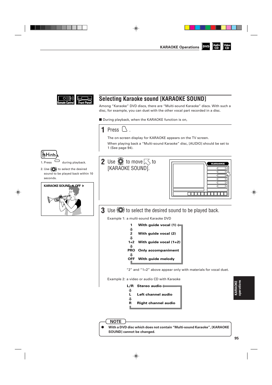 Selecting karaoke sound [karaoke sound, Press, Use to move to [karaoke sound | Use to select the desired sound to be played back | JVC XV-D705GD User Manual | Page 97 / 113