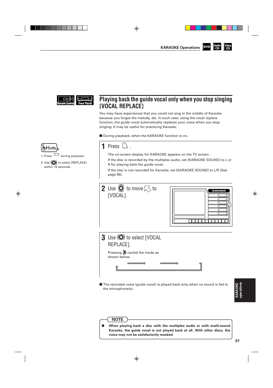Press, Use to move to [vocal, Use to select [vocal replace | JVC XV-D705GD User Manual | Page 99 / 113