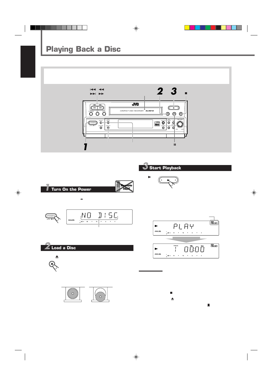Playing back a disc, English, Turn on the power | Load a disc, Start playback | JVC XL-R910SL User Manual | Page 10 / 22