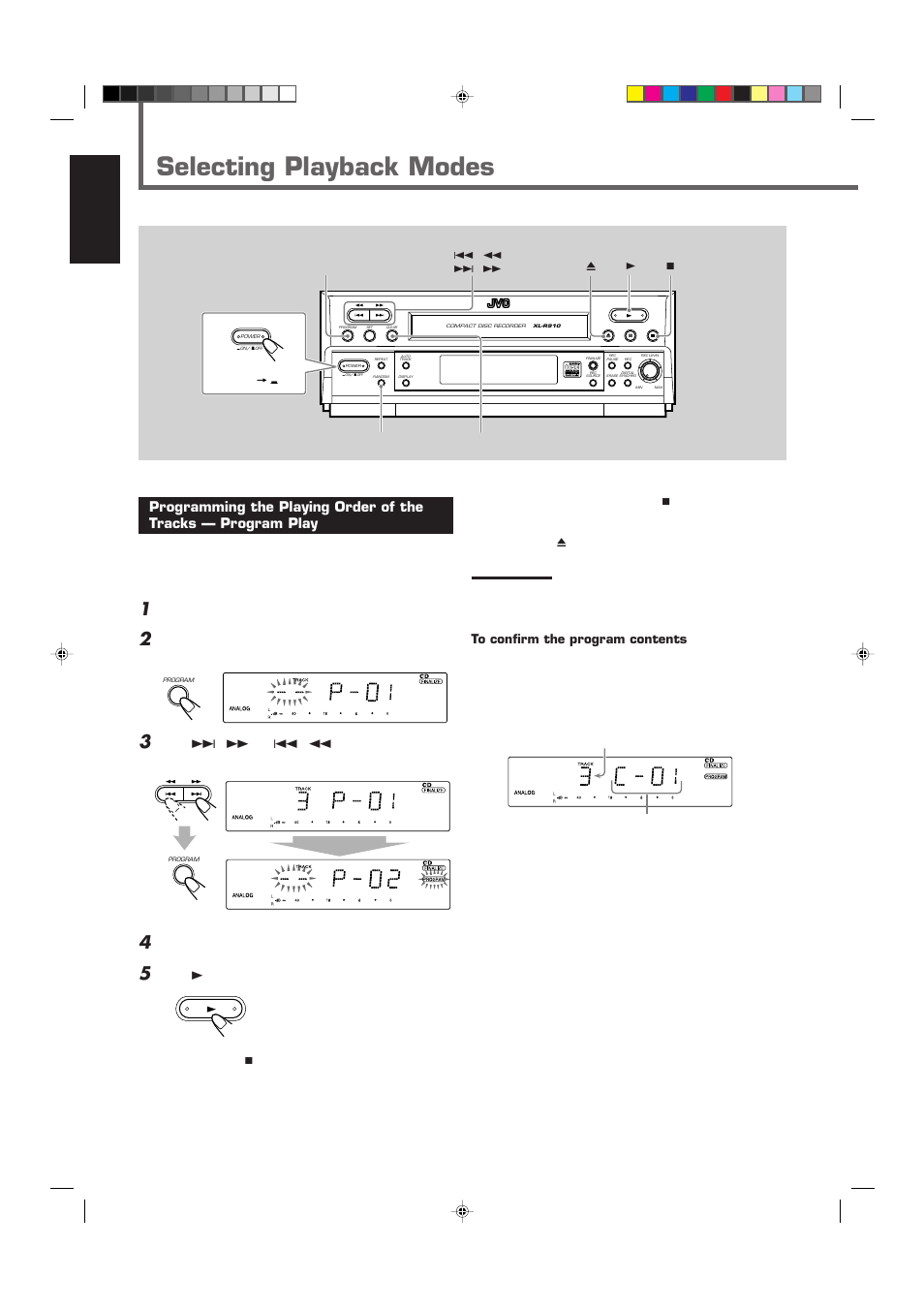 Selecting playback modes, English, Load a disc | Press program so that the unit enters program mode, Repeat the above step to program other tracks, Press 3 | JVC XL-R910SL User Manual | Page 12 / 22