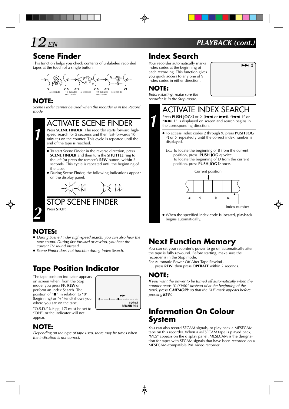 Activate index search, Activate scene finder, Stop scene finder | Playback (cont.), Scene finder, Index search, Tape position indicator, Information on colour system | JVC HR-J638E/EH User Manual | Page 12 / 40