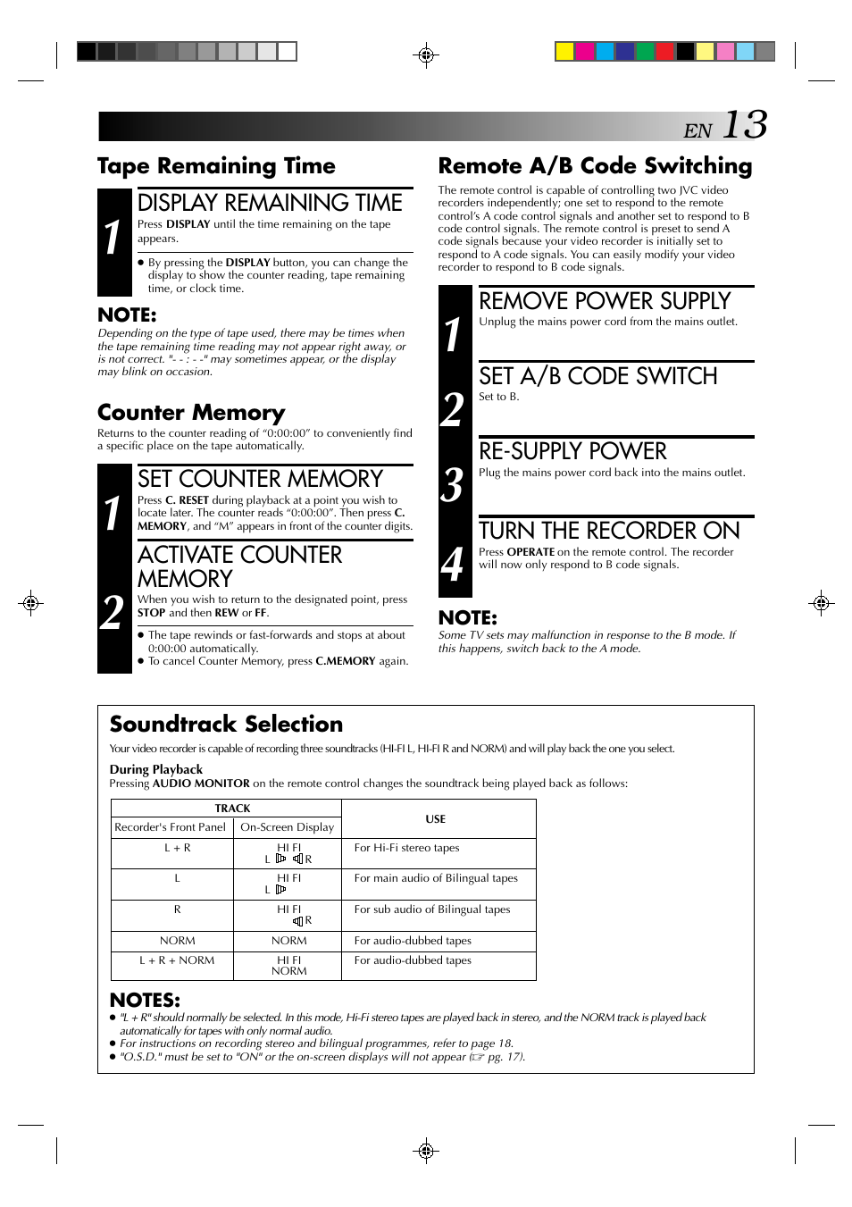 Remove power supply, Set a/b code switch, Re-supply power | Turn the recorder on, Display remaining time, Remote a/b code switching, Tape remaining time, Soundtrack selection | JVC HR-J638E/EH User Manual | Page 13 / 40