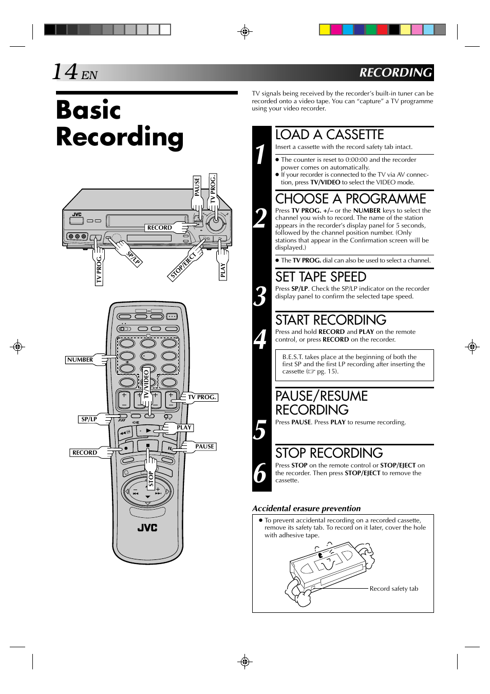 Basic recording, Load a cassette, Choose a programme | Set tape speed, Start recording, Pause/resume recording, Stop recording, Recording | JVC HR-J638E/EH User Manual | Page 14 / 40