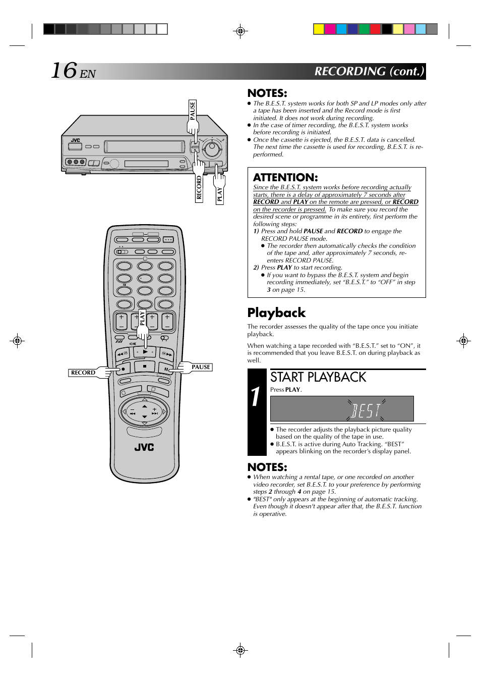 Start playback, Recording (cont.), Playback | Attention | JVC HR-J638E/EH User Manual | Page 16 / 40