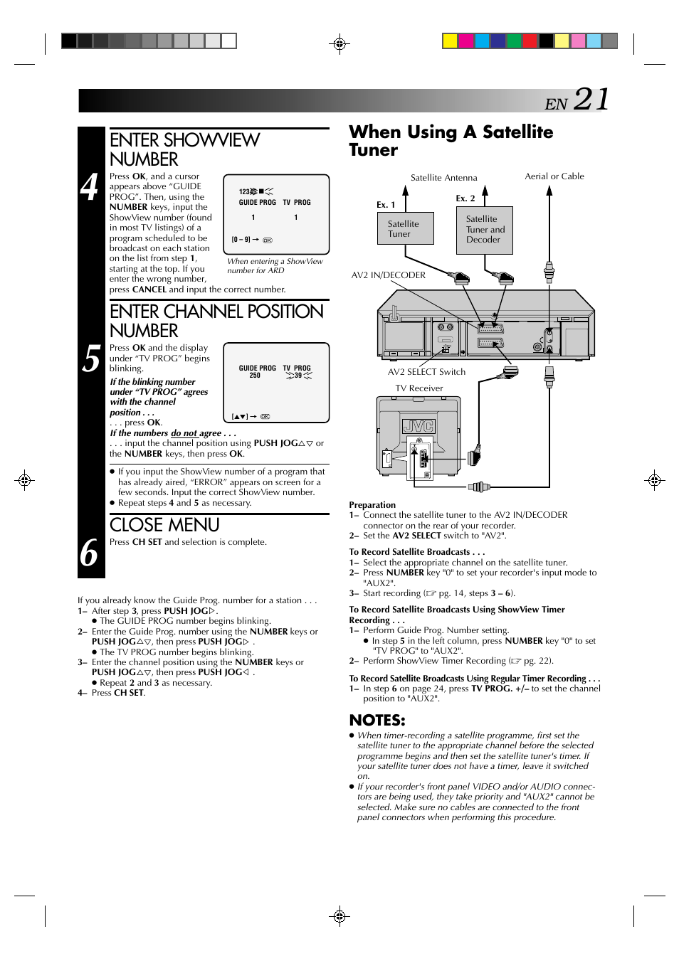 Enter showview number, Enter channel position number, Close menu | When using a satellite tuner | JVC HR-J638E/EH User Manual | Page 21 / 40
