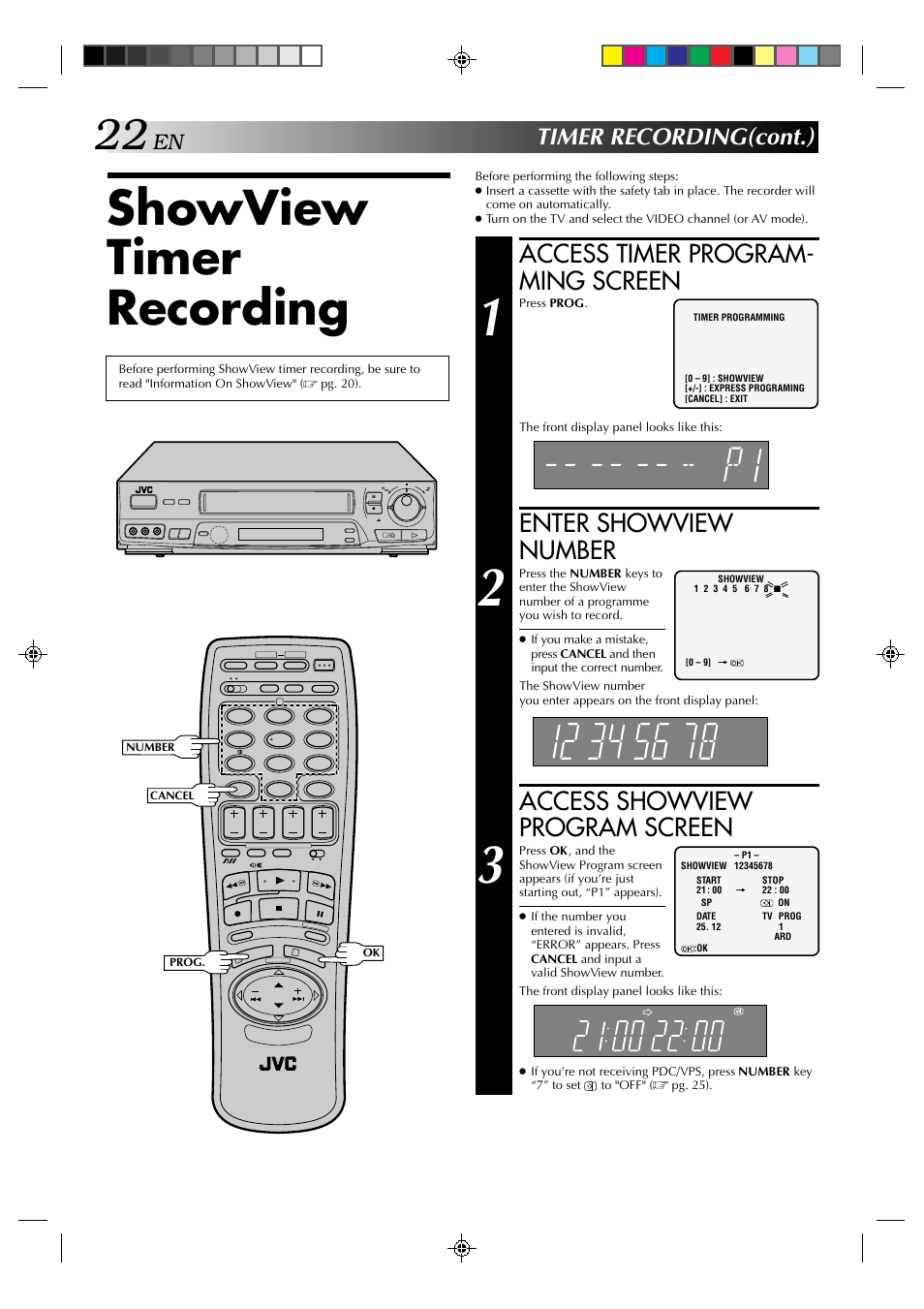 Showview timer recording, Access timer program- ming screen, Enter showview number | Access showview program screen, Timer recording(cont.) | JVC HR-J638E/EH User Manual | Page 22 / 40