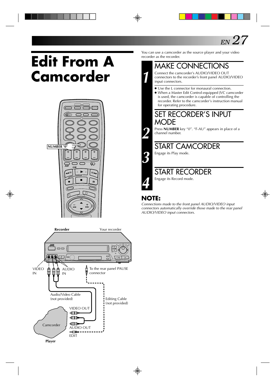 Edit from a camcorder, Make connections, Set recorder’s input mode | Start camcorder, Start recorder | JVC HR-J638E/EH User Manual | Page 27 / 40