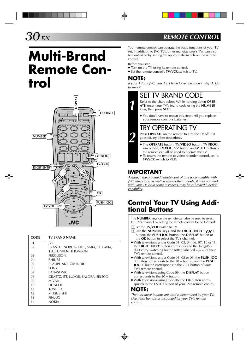 Multi-brand remote con- trol, Set tv brand code, Try operating tv | Important | JVC HR-J638E/EH User Manual | Page 30 / 40