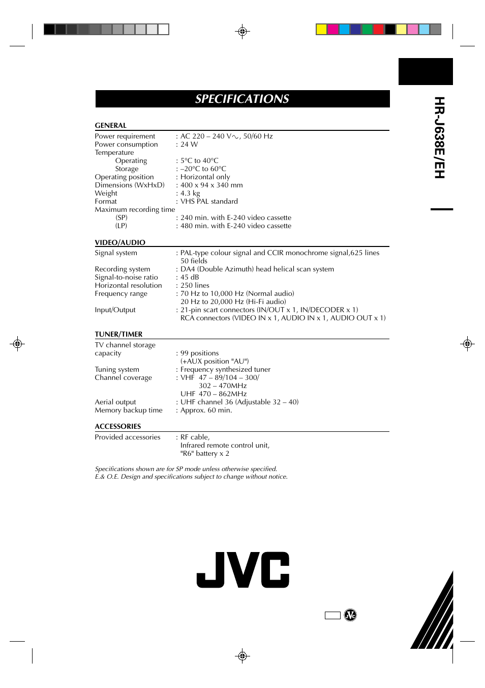 Hr-j638e/eh, Specifications | JVC HR-J638E/EH User Manual | Page 40 / 40