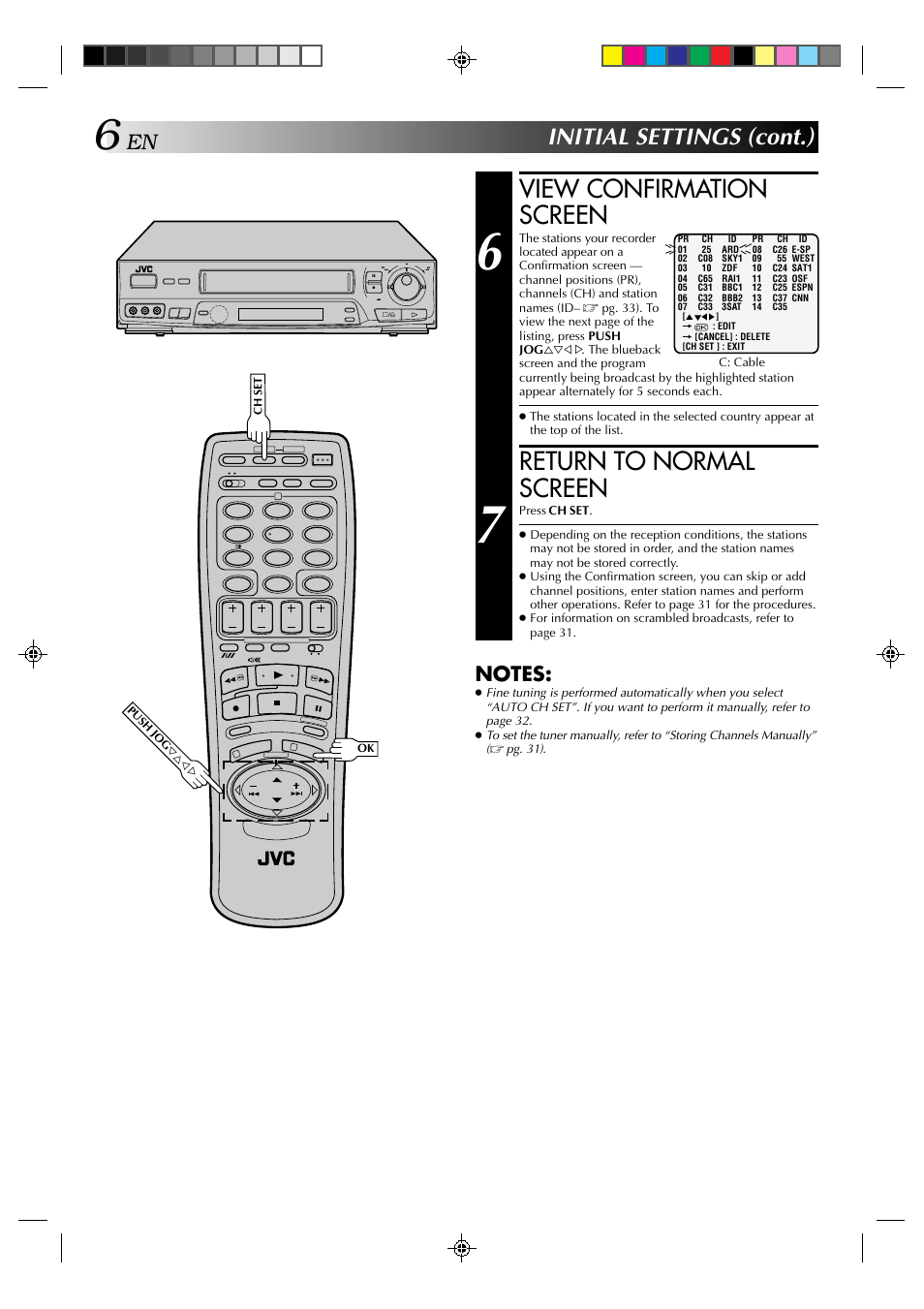 View confirmation screen, Return to normal screen, Initial settings (cont.) | JVC HR-J638E/EH User Manual | Page 6 / 40