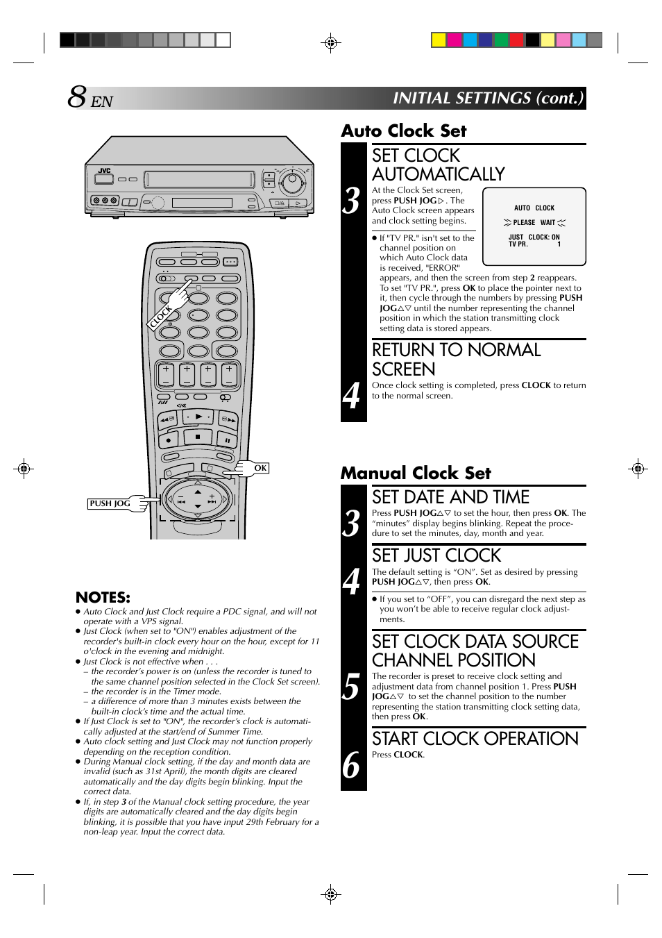 Set clock automatically, Return to normal screen, Set date and time | Set just clock, Set clock data source channel position, Start clock operation, Initial settings (cont.), Auto clock set, Manual clock set | JVC HR-J638E/EH User Manual | Page 8 / 40