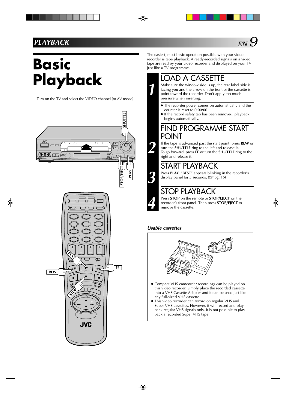 Basic playback, Load a cassette, Find programme start point | Start playback, Stop playback, Playback | JVC HR-J638E/EH User Manual | Page 9 / 40