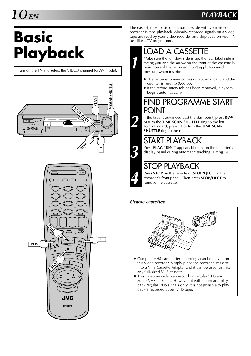 Basic playback, Load a cassette, Find programme start point | Start playback, Stop playback, Playback | JVC HR-DD949EE User Manual | Page 10 / 52