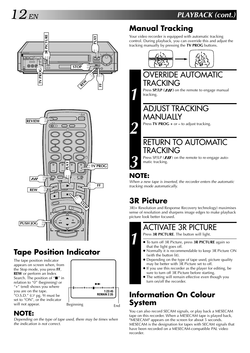 Override automatic tracking, Adjust tracking manually, Return to automatic tracking | Activate 3r picture, Playback (cont.), Manual tracking, 3r picture, Tape position indicator, Information on colour system | JVC HR-DD949EE User Manual | Page 12 / 52