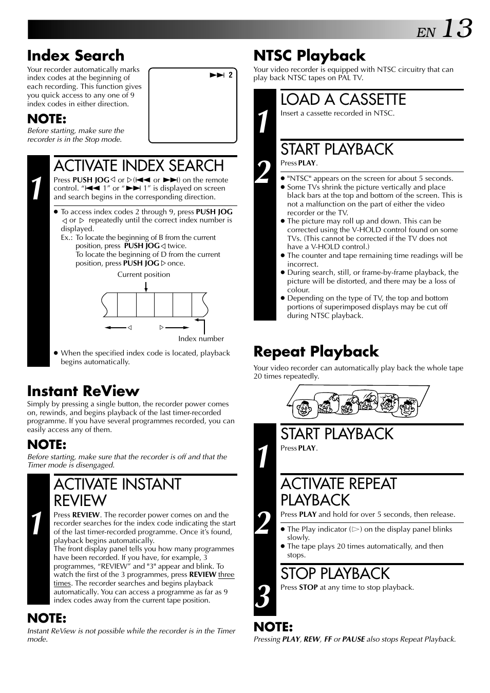 Activate index search, Activate instant review, Load a cassette | Start playback, Activate repeat playback, Stop playback, Index search, Instant review, Ntsc playback, Repeat playback | JVC HR-DD949EE User Manual | Page 13 / 52