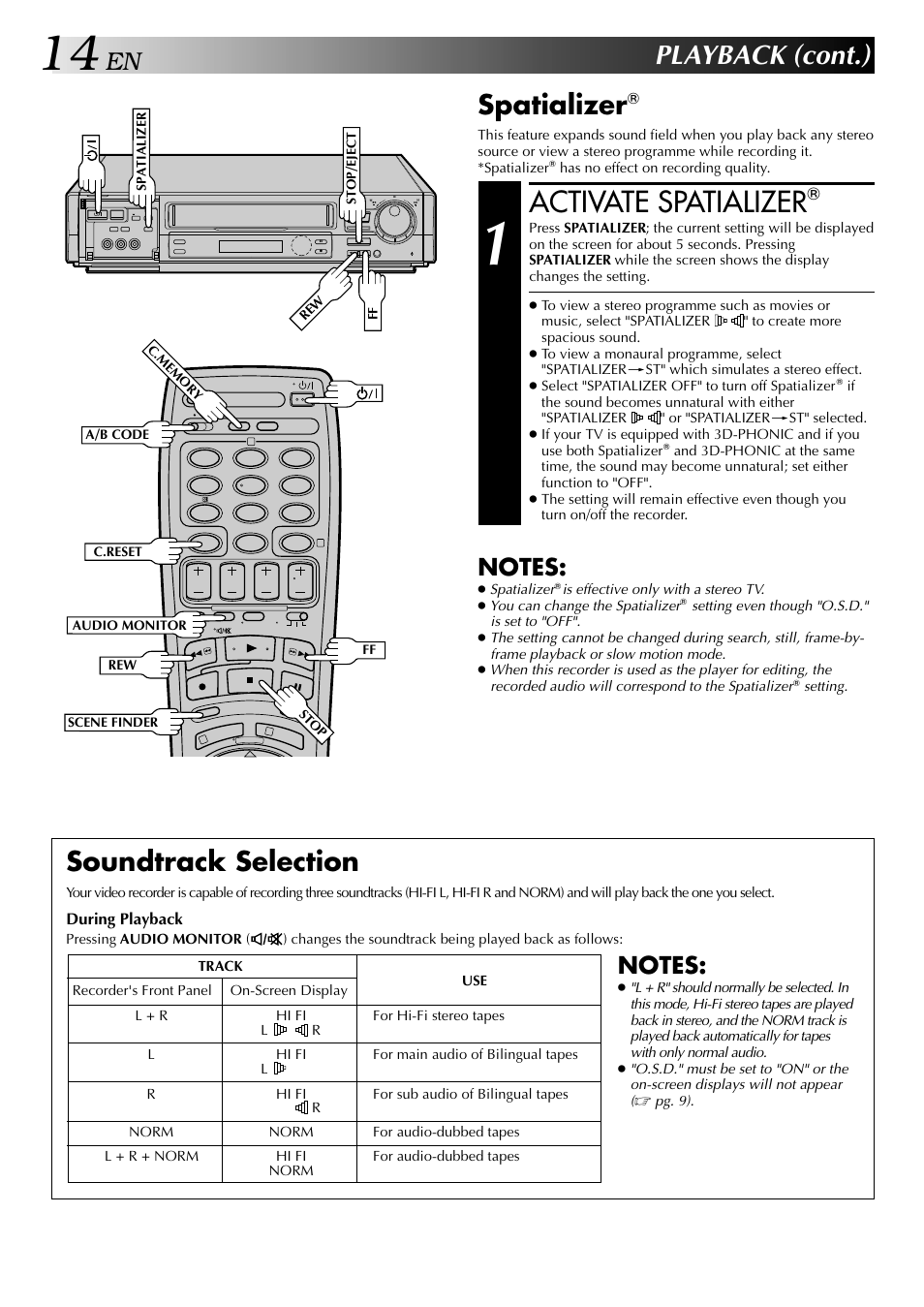 Activate spatializer, Playback (cont.), Spatializer | Soundtrack selection | JVC HR-DD949EE User Manual | Page 14 / 52