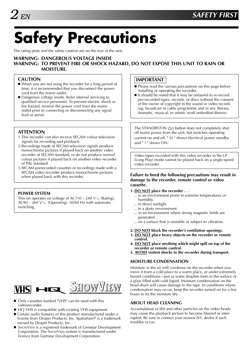 Safety precautions, Safety first | JVC HR-DD949EE User Manual | Page 2 / 52